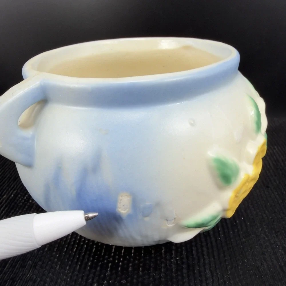 Vintage Pottery Flower Planter Blue‎ White Yellow Rose Relief Double Handle Pot
